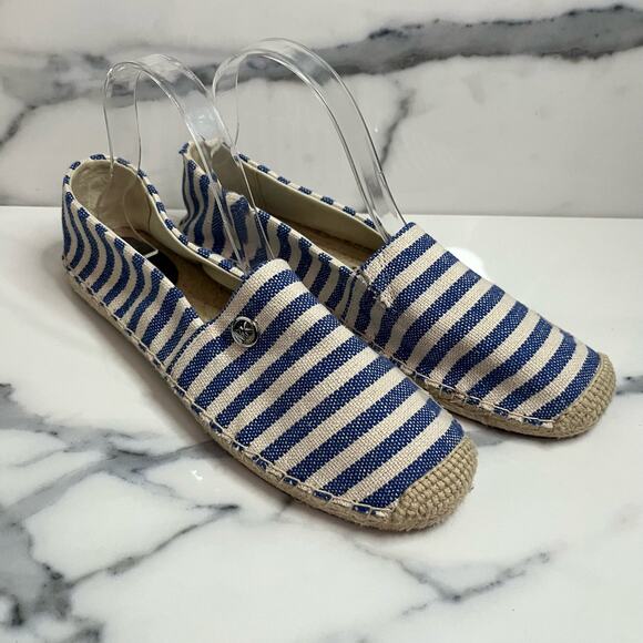 MICHAEL Michael Kors | Women's Blue Cream Striped Canvas Kendrick Flat Sz 8 - Picture 1 of 7